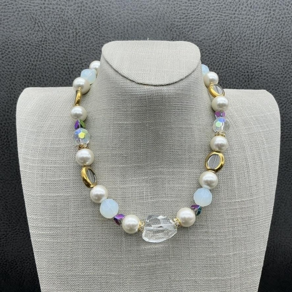 Kissaka Necklace Statement Faux Pearl Crystal AB Beads Gold Tone Adjustable 16"